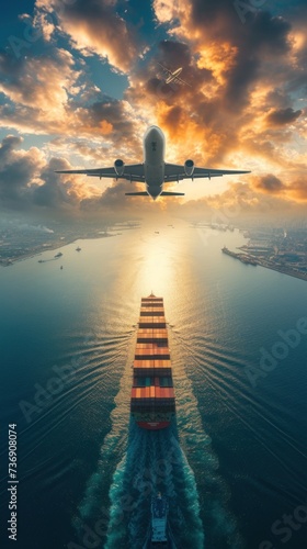 a large jetliner flying over the top of a large cargo ship in the middle of a large body of water. photo