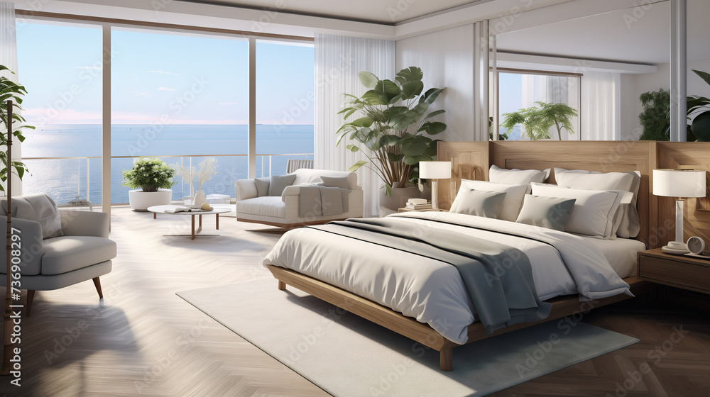 Modern hotel room suite with big bed, plants and big window with lots of light, sunshine and sea view on vacation Modern hotel room suite with big bed, plants and big window with lots of light, sunshine and sea view on vacation