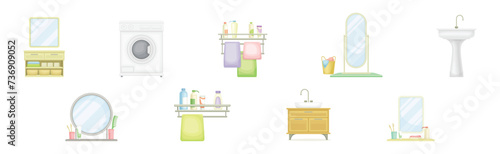 Bathroom Object with Washing Machine, Rail, Mirror and Sink Vector Set