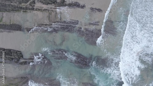 Drone Aerial Atlantic Ocean Seascape and Coastline Cliffs Top Down View, Texture Background Clip, Shot in Sagres, Algarve Destination Region, Portugal.