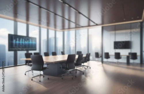 Defocused abstract Conference Room with big desk table, presentation TV, Infographics, Statistics, Graphs. E-Commerce Startup. Blurred empty modern city office. Business open space interior. Finance