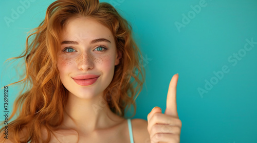 Woman pointing finger on isolated solid background, indicating direction or emphasis in a professional or casual setting. photo