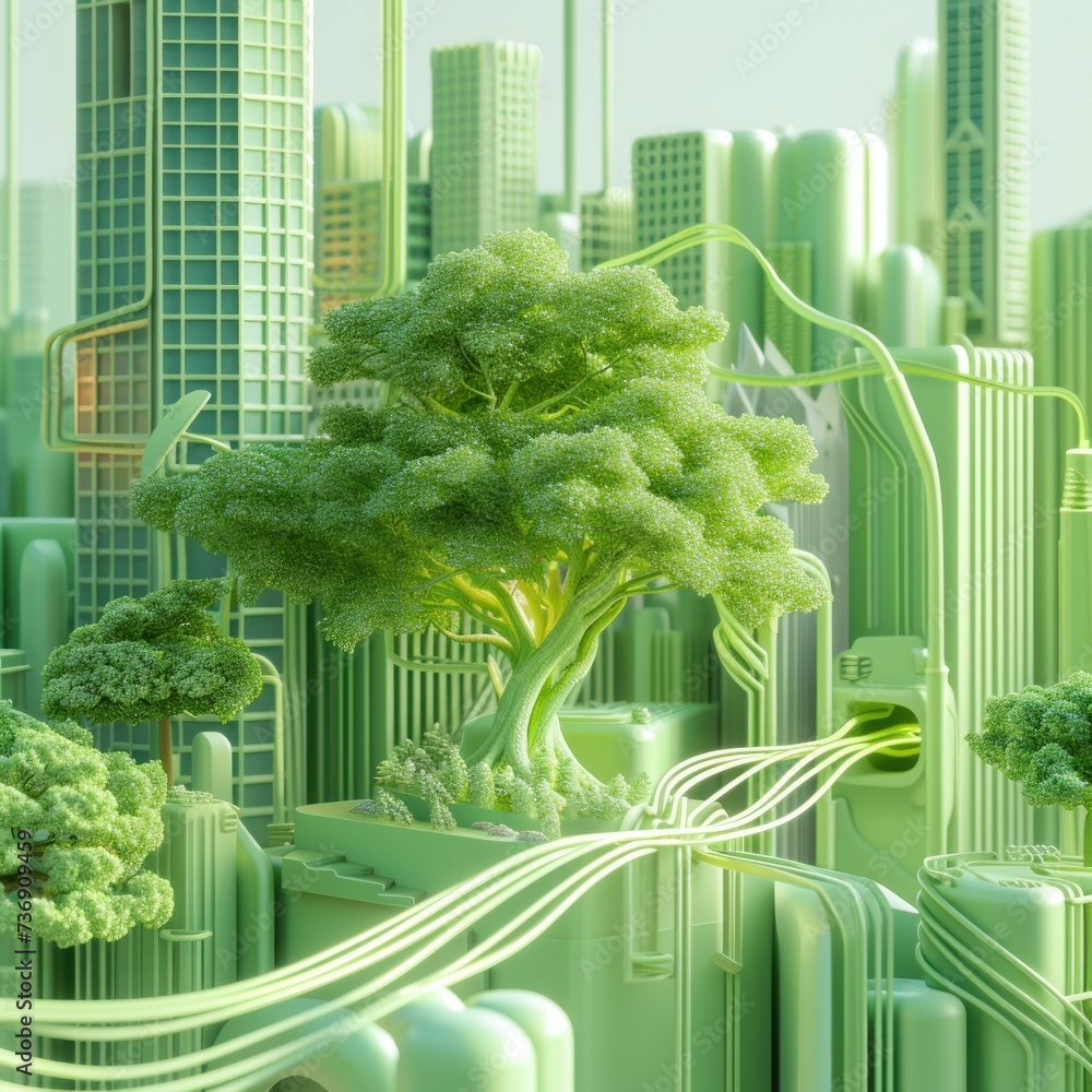 a digital painting of a green city with a tree in the middle of the city and buildings in the background.