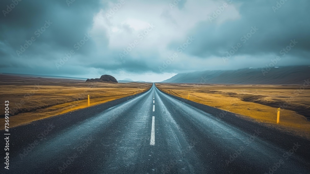 an empty road in the middle of a field with mountains in the distance and a cloudy sky in the background.