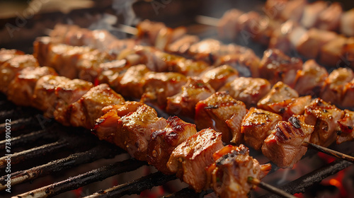 Pork skewers. Meat on the grill on skewers  grill  barbecue in nature. Made with generative ai