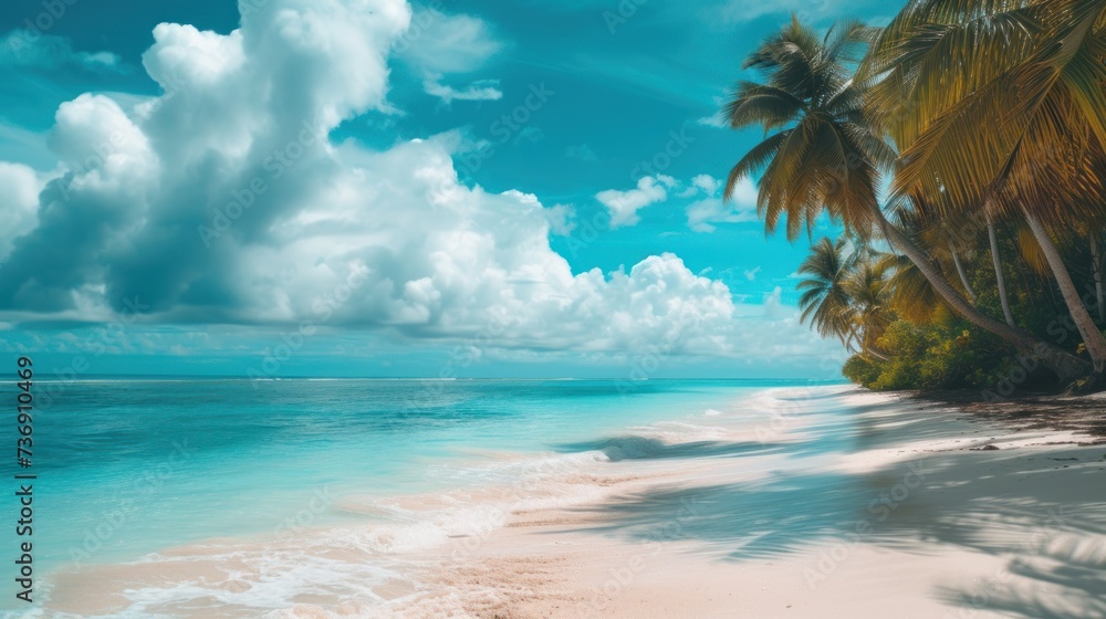 a painting of a tropical beach with palm trees on the shore and the ocean on a sunny day with clouds in the sky.