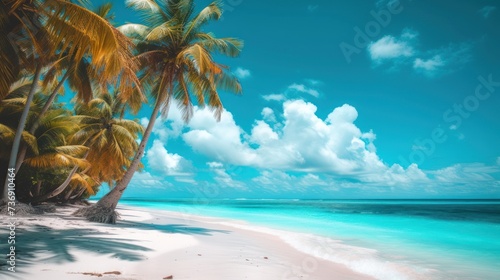 a painting of a tropical beach with palm trees in the foreground and a blue sky with clouds in the background.