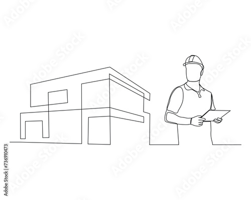 Continuous single line sketch drawing of construction worker with blueprint paper and house home real estate. One line art of architect holding design paper of building vector illustration.