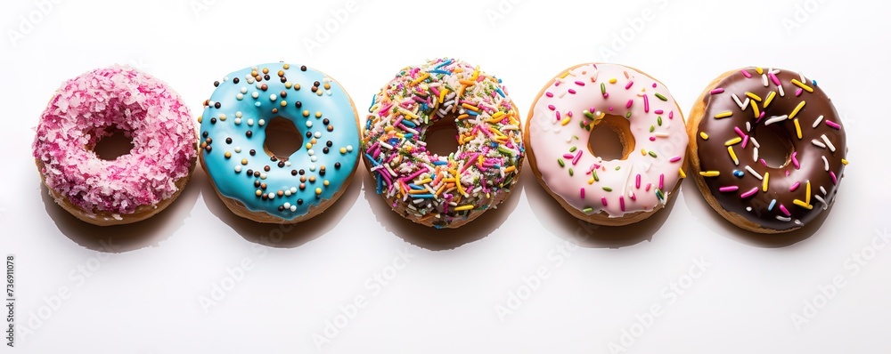 row of donuts of various flavors in the photo on a white background. row of donuts of various flavors in the photo on a white background.
