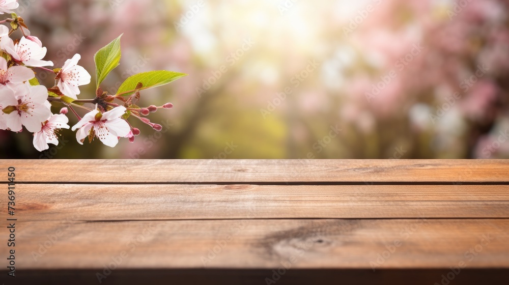 Empty wooden table in Sakura flower Park with garden bokeh background with a country outdoor theme, Template mock up for display of product Empty wooden table in Sakura flower Park with garden bokeh background with a country outdoor theme, Template mock up for display of product