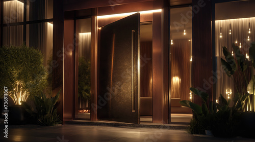Enter in Style, Nocturnal Elegance, Modern Metal Door Entryway to a House at Night, Generative AI