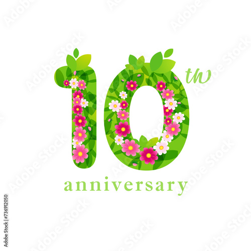 Cute floral number 10. 10th anniversary logo concept. Creative sign with flowers and leaves. Transparent elements and white background. 1 and 0 with isolated clipping mask. Up to 10 percent off idea.