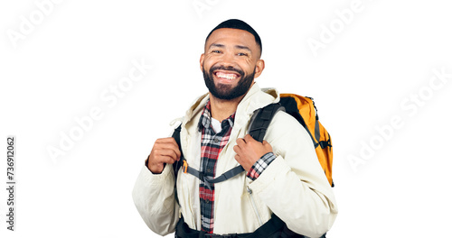 Happy man, portrait and backpack of hiker ready for adventure, travel or journey on a transparent PNG background. Isolated male person, tourist or traveler with smile and bag for outdoor trekking photo