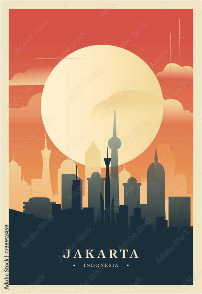 Jakarta city brutalism poster with abstract skyline, cityscape retro vector illustration. Indonesia capital travel cover, brochure, flyer, leaflet, business presentation template image