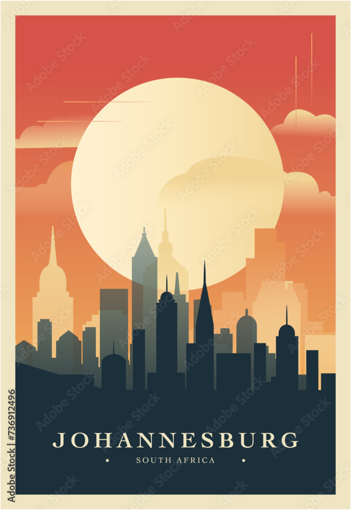 Johannesburg city brutalism poster with abstract skyline, cityscape retro vector illustration. South Africa megacity travel cover, brochure, flyer, leaflet, business presentation template image