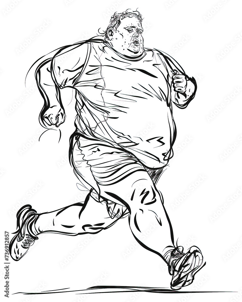 Fototapeta premium Sweating overweight man in shorts jogging, line drawing