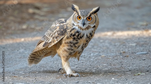 a close up of an owl standing on a road with it s wings spread and it s eyes wide open.