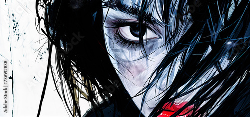 Abstracted close-up of a girl looking fearful yet ready and attentive, graphic illustration