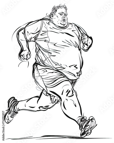 Sweating overweight man in shorts jogging, line drawing