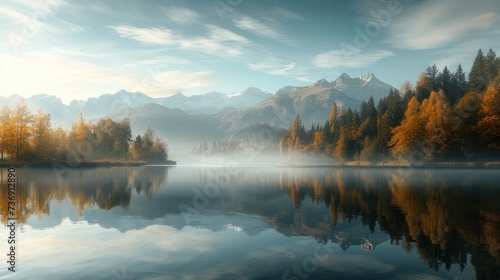 a body of water surrounded by trees with a mountain range in the background and a foggy sky in the foreground. © Anna