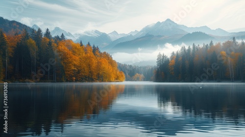 a body of water surrounded by trees with a mountain range in the background and a foggy sky in the foreground.