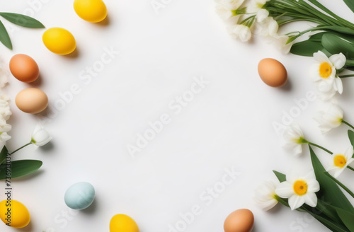 Happy Easter frame with Easter eggs. Round wreath copy space, flowers isolated on white. Festive decorations, template for tag, gift greeting card, advertising promo shopping banner, place for text