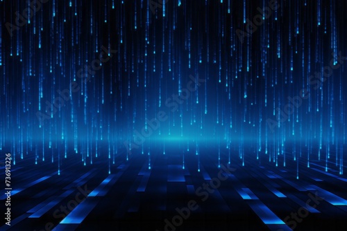 Digital Rain in a Dark Blue Scene, with Streaks of Luminescent Dots Creating a Futuristic and Dynamic Backdrop, Generative AI