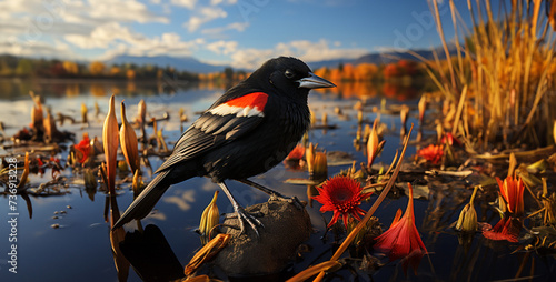 Red-winged Blackbird (Agelaius phoeniceus) sitting on the shore of lake in autumn,red-winged blackbird on water lily pads, Thailand photo