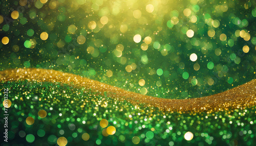 Abstract glitter vintage lights background for holidays - Christmas, Patrick's Day. Gold and green. de-focused, bokeh photo