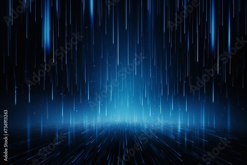 Digital Rain in a Dark Blue Scene, with Streaks of Luminescent Dots Creating a Futuristic and Dynamic Backdrop, Generative AI