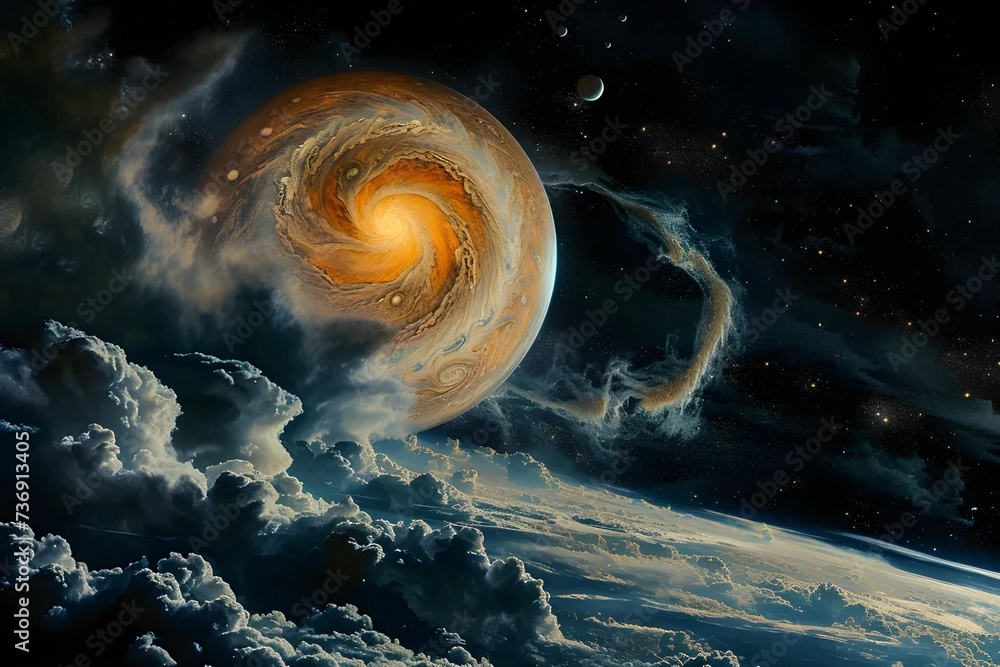 Detailed stock photo of Jupiter's Great Red Spot, a massive storm, with