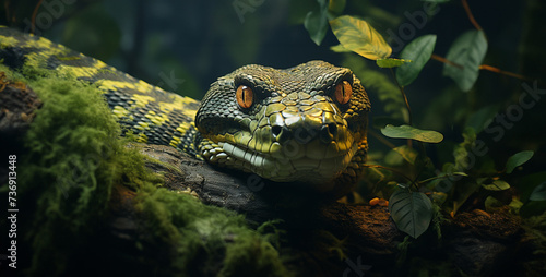 Portrait of a snake in the rainforest. Close-up.Close-up of the head of a boa constrictor,Close-up of the head of a snake in the forest.