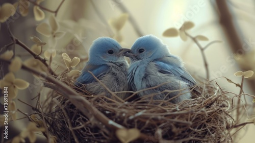 a couple of blue birds sitting on top of a nest on top of a pile of dry grass next to a tree. photo