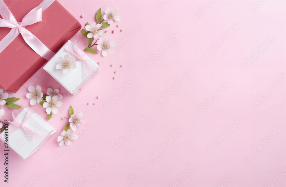 a pink background with presents and flowers on it, with a pink ribbon and bow on top of the boxes, generative ai