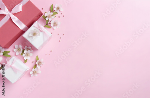 a pink background with presents and flowers on it, with a pink ribbon and bow on top of the boxes, generative ai © Vitaliy