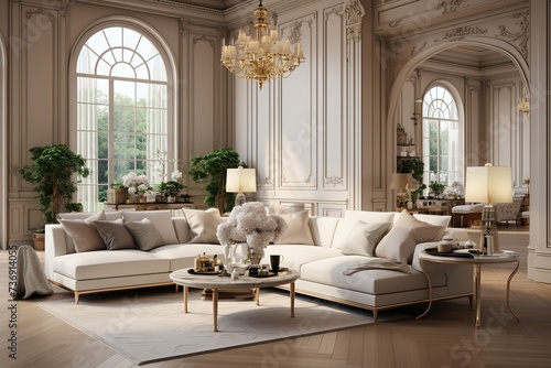 stylist and royal living room in beige tones with a stylish sofa, a glass table, space for text, photographic © biswajit