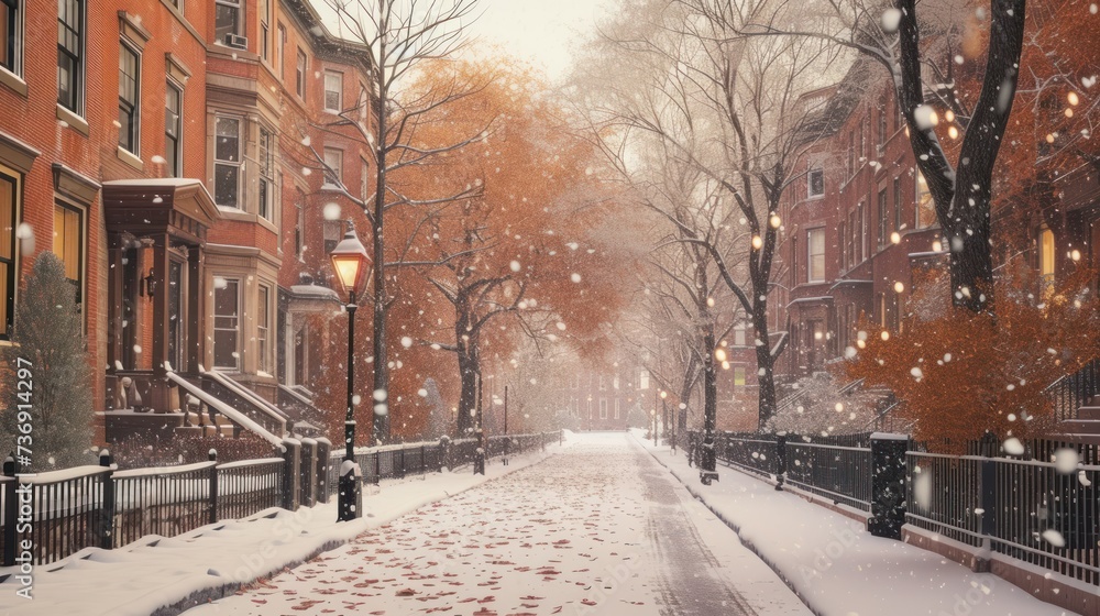 a snowy street lined with brick buildings and lots of red leaves on the ground and a person walking down the sidewalk.
