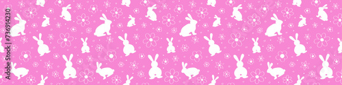 Easter seamless pattern with bunnies and flowers in hand drawn style. Minimalist design for card  invitation and poster. Panoramic header. Vector illustration
