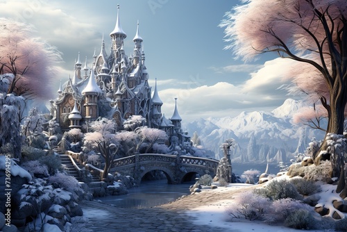 stylist and royal Magical house in fairy tale winter wonderland with snow., space for text, photographic