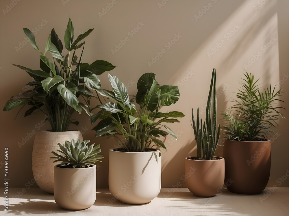 A variety of indoor plants in different sizes and shapes. A minimalist image that is perfect for home decor or office space