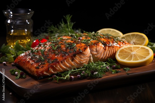 stylist and royal Medium Close Up of Salmon steak grill with juicy sauce and lemon slice, space for text