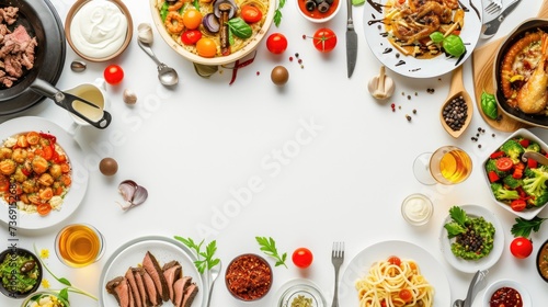 various restaurant foods are located on the table forming an empty space for the design of decorative frames, cards, backgrounds, banners and posters