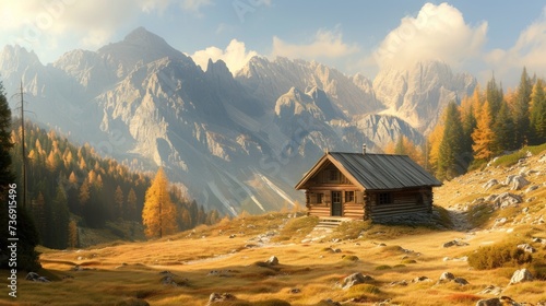 a cabin in the middle of a mountain with a mountain range in the background and trees in the foreground. © Anna