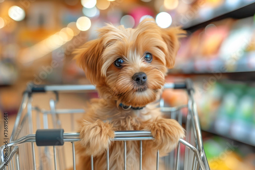 Cute little dog in a shopping cart on a blurred supermarket background.