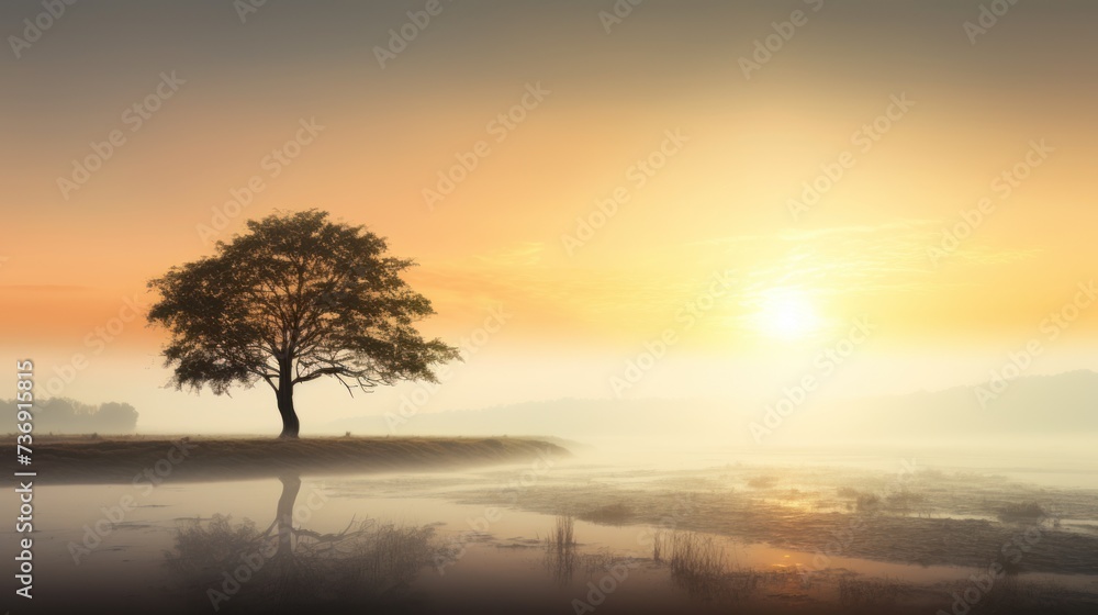 a lone tree stands in the middle of a foggy field as the sun sets over the mountains in the distance.
