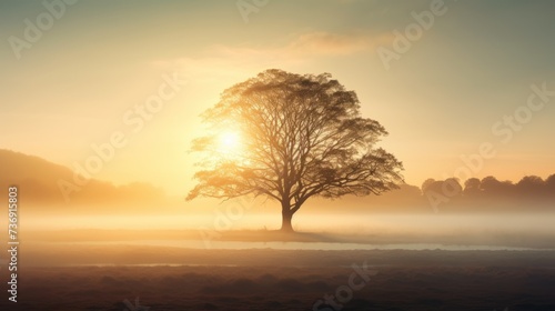 a lone tree in the middle of a field with the sun shining through the fog in the sky behind it.