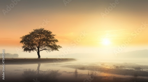a lone tree stands in the middle of a foggy field as the sun sets over the mountains in the distance.