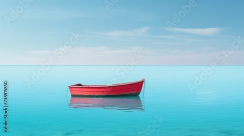 a red boat floating on top of a large body of water under a blue sky with wispy clouds.