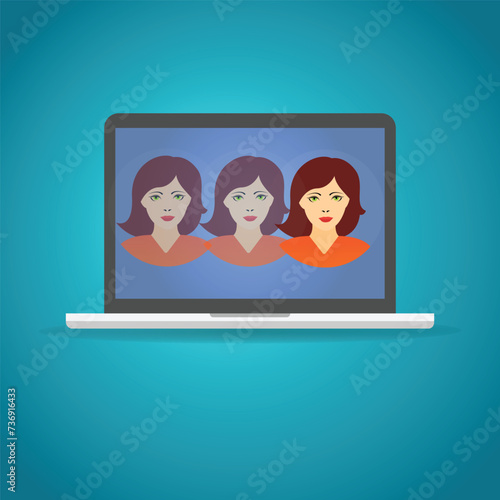 Head of a woman multiplied on the screen of a laptop, deep fake concept as a symbol for misrepresenting or identity theft
