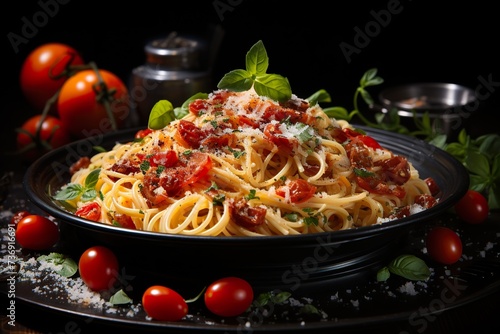stylist and royal Spaghetti alla Amatriciana with pancetta bacon, tomatoes and pecorino cheese